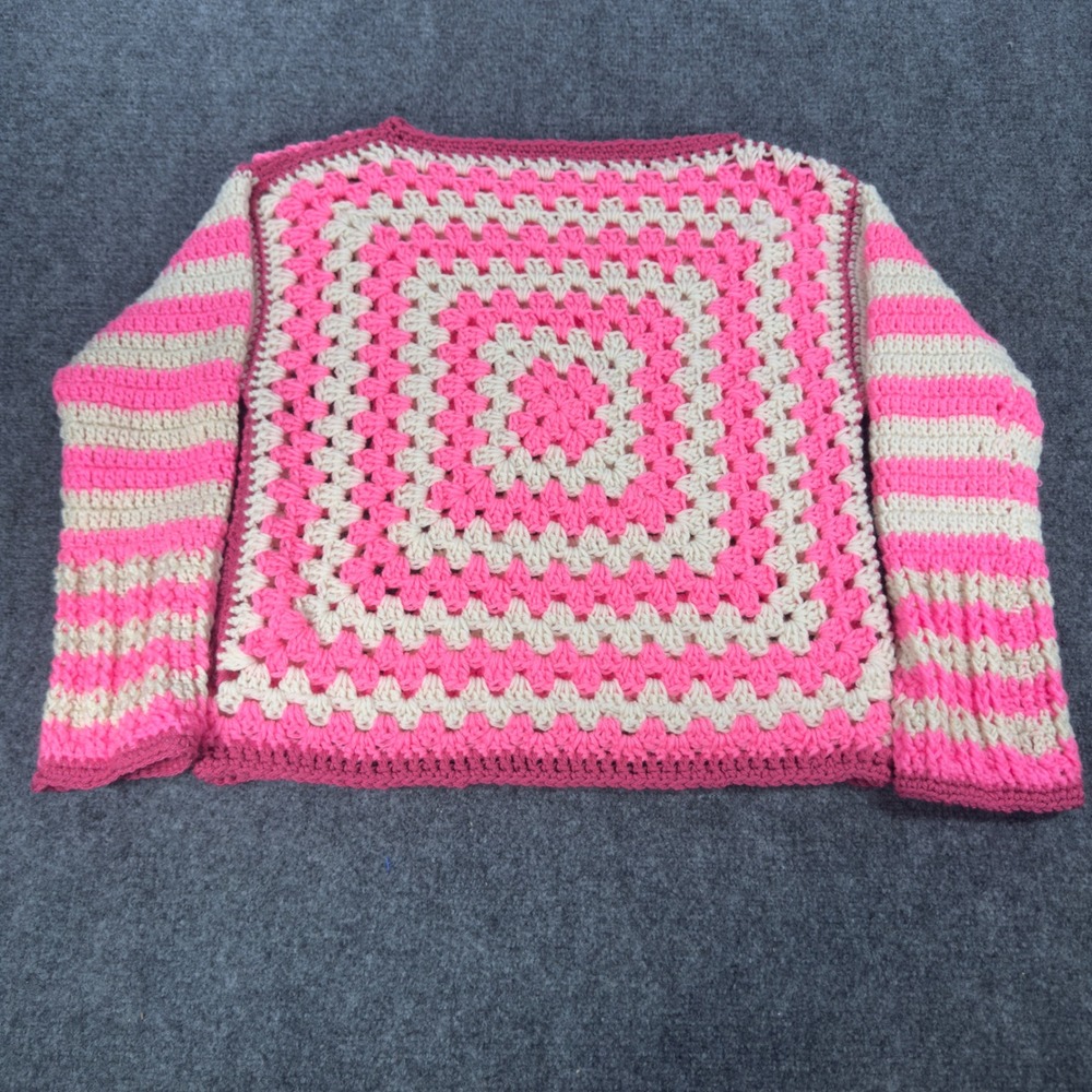 Handmade Crochet Granny Square Sweater Pink Cream Striped Boho Knit Top